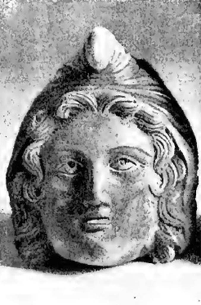 Villa of T. Siminius Stephanus, fondo Barbatelli. November 1899.  Front view of the bust of Paris wearing a Phrygian cap. On the 24th day, at a depth of 3.80m, found between the ash layers was a bronze protome of Paris, very well shaped, with Phrygian cap, ringed hair and silver eyes, whose eye-ball was made of glass paste: height  80mm. See Notizie degli Scavi di Antichit, 1899, p439, fig 1b.