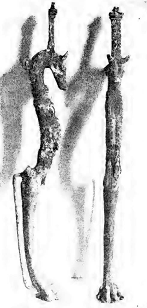 Villa of T. Siminius Stephanus, fondo Barbatelli. 24th November 1899. Found at a depth of 3.80m, found between the ash layers. Two of three table feet, well executed, the top finished with a head of a bitch, and the lower finished with a canine paw: The bitch had a collar and two tiers of breasts. There were traces of silver coating. See Notizie degli Scavi di Antichit, 1899, p. 441-2, fig. 4a, 4b.