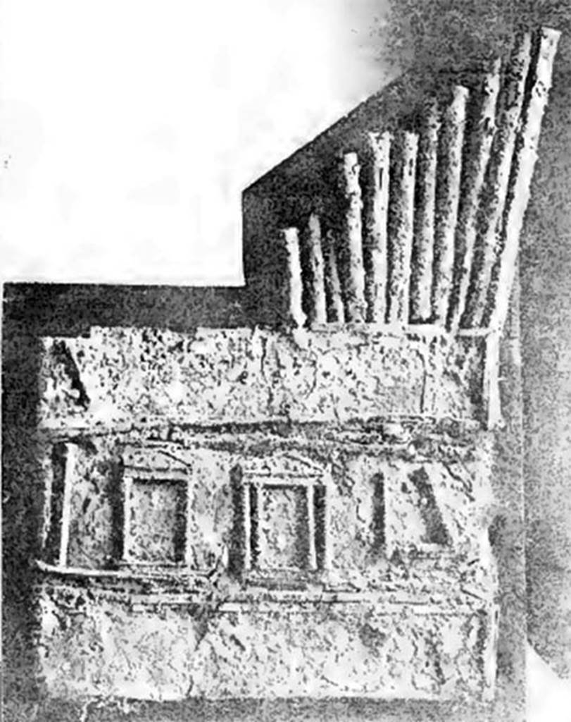 Villa of T. Siminius Stephanus, fondo Barbatelli. 25th November 1899. Found at the height of the upper floor, was a bronze pan-pipe, with eleven pipes, similar to one found in 1876 with nine pipes. The decoration of the temples was identical in both. The one found here was leaning against a wall. See Notizie degli Scavi di Antichit, 1899, p. 444, fig. 6. See Bullettino dellInstituto di Corrispondenza Archeologica (DAIR), 1877, p. 99.