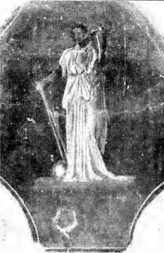 Villa of T. Siminius Stephanus, fondo Barbatelli. December 1899. Found in a room on the upper floor, was a painting of the Fortuna, painted on a red background. The goddess, 0.38m high, clothed in a green tunic with purple cloak held a cornucopia in her left hand and a rudder in her right hand, leaning on the earth. At her feet, the globe could be seen. The head, the arms, the cornucopia and the rudder were a monochrome red. See Notizie degli Scavi di Antichit, 1899, p. 494, fig. 1.