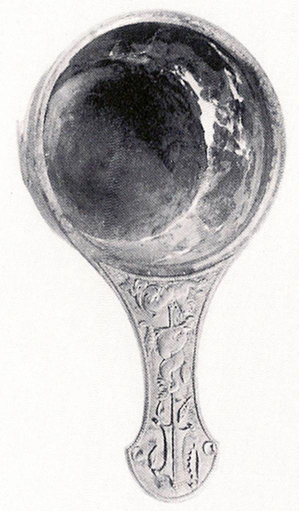 Villa of T. Siminius Stephanus, fondo Barbatelli. October 1900.
Silver patera with 12cm long handle with relief of sea animals, shellfish and a rudder.
Now in Naples Archaeological Museum.  Inventory number 125262.
In fondo Barbatelli, outside the north wall of Pompeii, south of the rooms excavated at a distance of about 20 metres, in an easterly direction, outside these rooms and at a depth of 2m between the layer of ashes and lapilli, a human skeleton was found. Also found with the skeleton were the following objects 
A perfectly preserved silver casseruola, length 27cm, diameter 13.5cm, height 7.5cm and weighing 520g. 
Other objects, including two keys, a bronze ring, and coins were found.
See Notizie degli Scavi di Antichit, 1900, p. 500-1.
See Guzzo, P. (A cura di), 2006. Argenti a Pompei. Milano, Electa. 168, p. 137.
