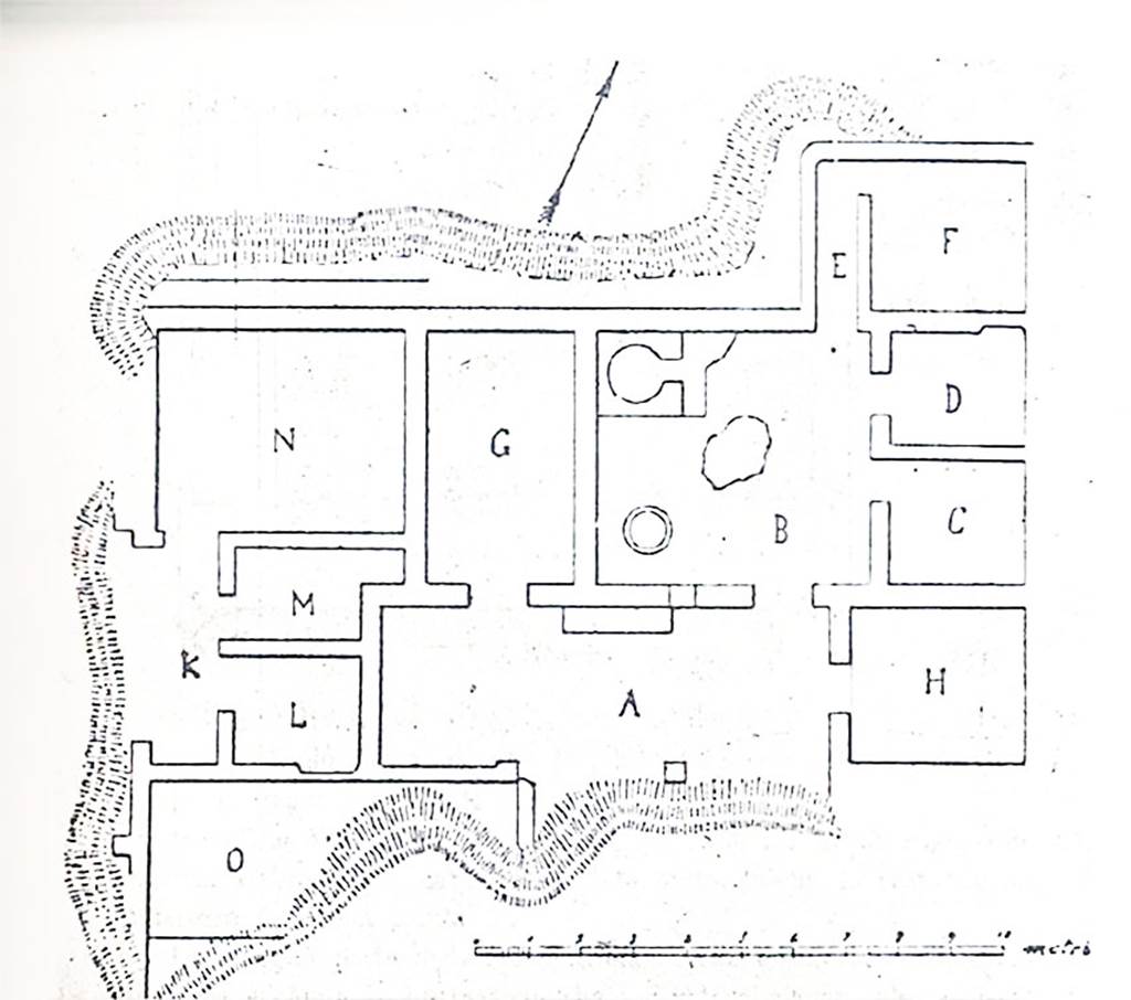 Boscotrecase, Villa di L. Arellius Successus. Plan of villa.
See Casale A., Bianco A., Primo contributo alla topografia del suburbio pompeiano: Supplemento al n. 15 di ANTIQUA ottobre-dicembre 1979, 33, p. 36, fig. 13.