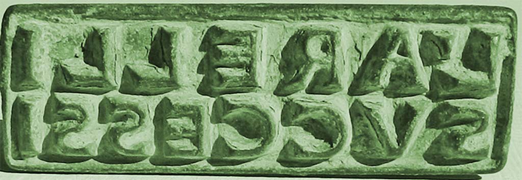 Boscotrecase, Villa di L. Arellius Successus. Bronze rectangular seal of L. Arelli Successi, face side.
Face with wording
L ARELLI
SVCCESSI
L(uci) Arelli
Successi.
Now in Naples Archaeological Museum. Inventory number 125094.
(The “Arelli” occur in some Pompeian inscriptions).