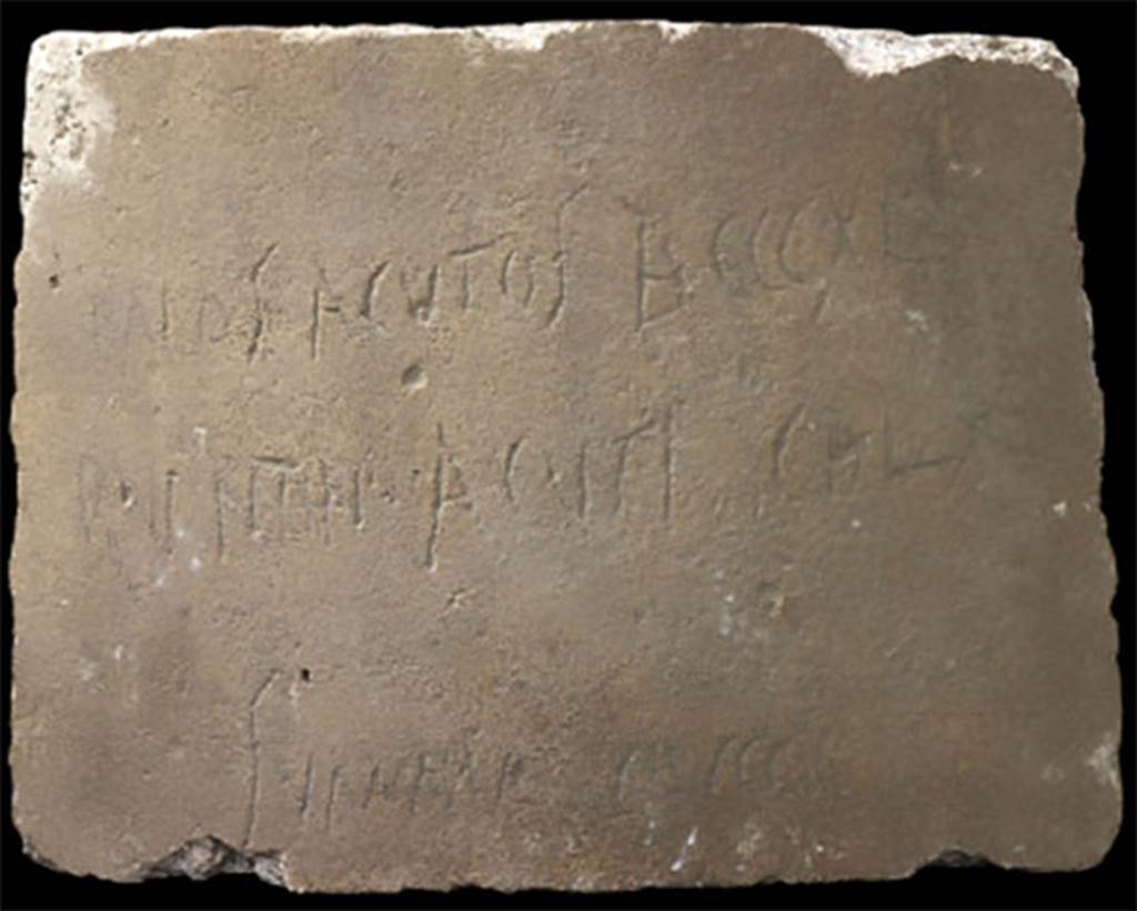 Boscoreale now Pompeii, Villa rustica nel Fondo di Antonio Prisco.
Graffito discussing quantities of garden posts. 
Now in SAP deposits. SAP inventory number 20518.
