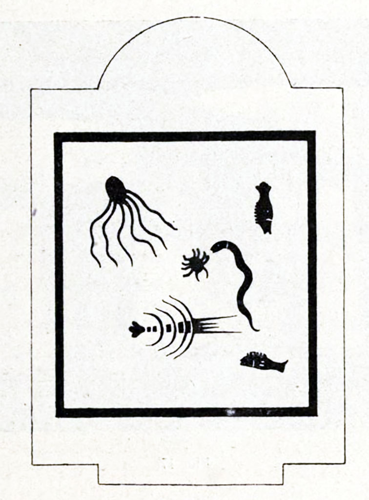 Boscoreale. Villa of Numerius Popidius Florus. Calidarium. Drawing of mosaic of several fish in black tesserae on a white background.
See Notizie degli Scavi di Antichità, 1921, p. 451 fig. 16.


