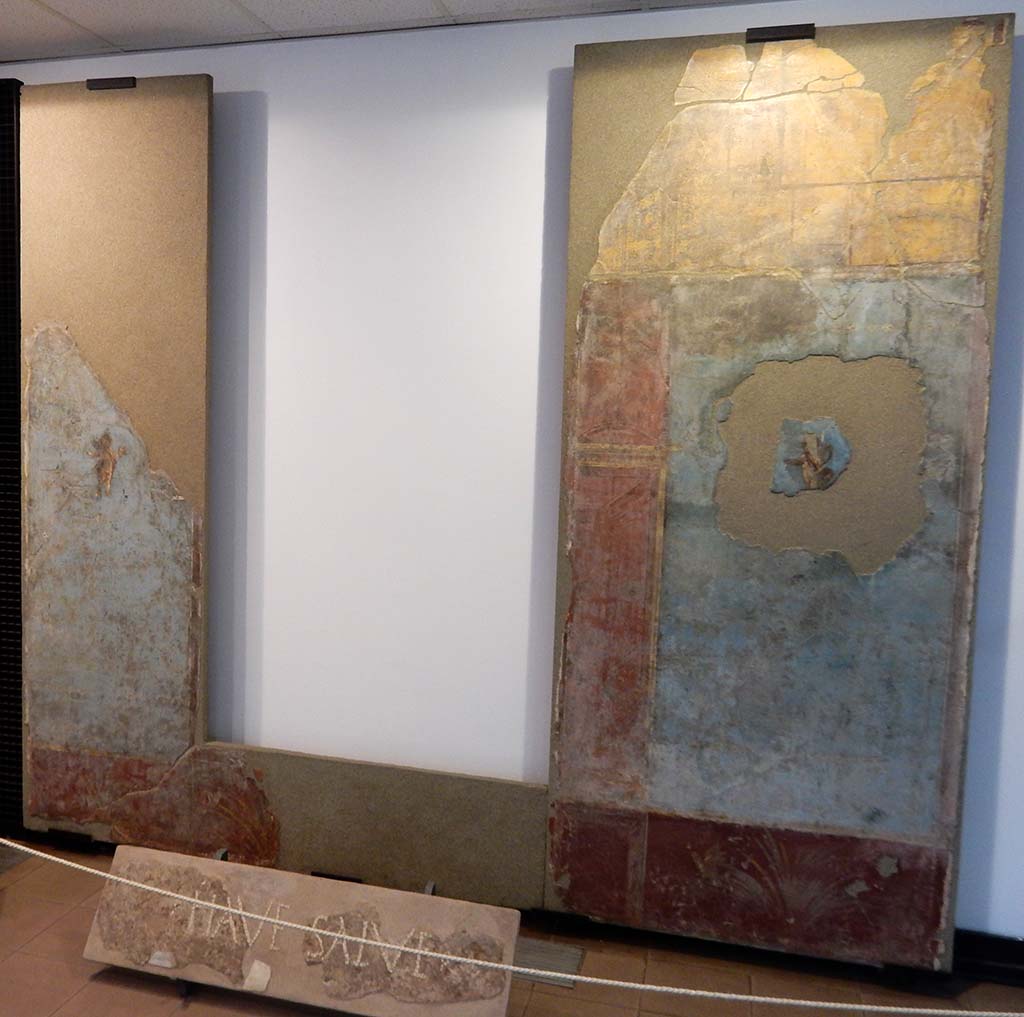 Boscoreale. Villa of Numerius Popidius Florus. Cubiculum 21. Two sections of fourth style north wall. In the foreground is the threshold from frigidarium 7.
The north and south walls were adorned with light architectural perspectives and yellow-red pavilions.
Photo courtesy of Buzz Ferebee. Now in Boscoreale Antiquarium.

Photo courtesy of Buzz Ferebee. Now in Boscoreale Antiquarium.
See Garcia y Garcia L., 2017. Scavi Privati nel Territorio di Pompei. Roma: Arbor Sapientiae, p. 403, fig. 242.
