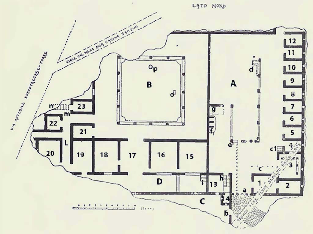 Boscotrecase, Villa Agrippa Postumus. 1922 plan of the villa, showing the area excavated.
See Notizie degli Scavi di Antichità, 1922, p 459 Fig. 1.