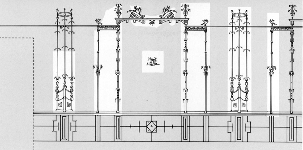 Villa of Agrippa Postumus, Boscotrecase. 1988. Room 15, drawing of west (left) wall of cubiculum.
The west wall of Bedroom 15, the Black Room, was on the left as one entered the room from the south.
At the far left was a doorway connecting with Bedroom 16.
The preference for delicate patterns rather than fixed points of interest in the painted scheme signals the new taste of the Third Style.
See Anderson, M. L., 1988. The Imperial Villa at Boscotrecase in Metropolitan Museum Bulletin, 1988, p. 38-9.