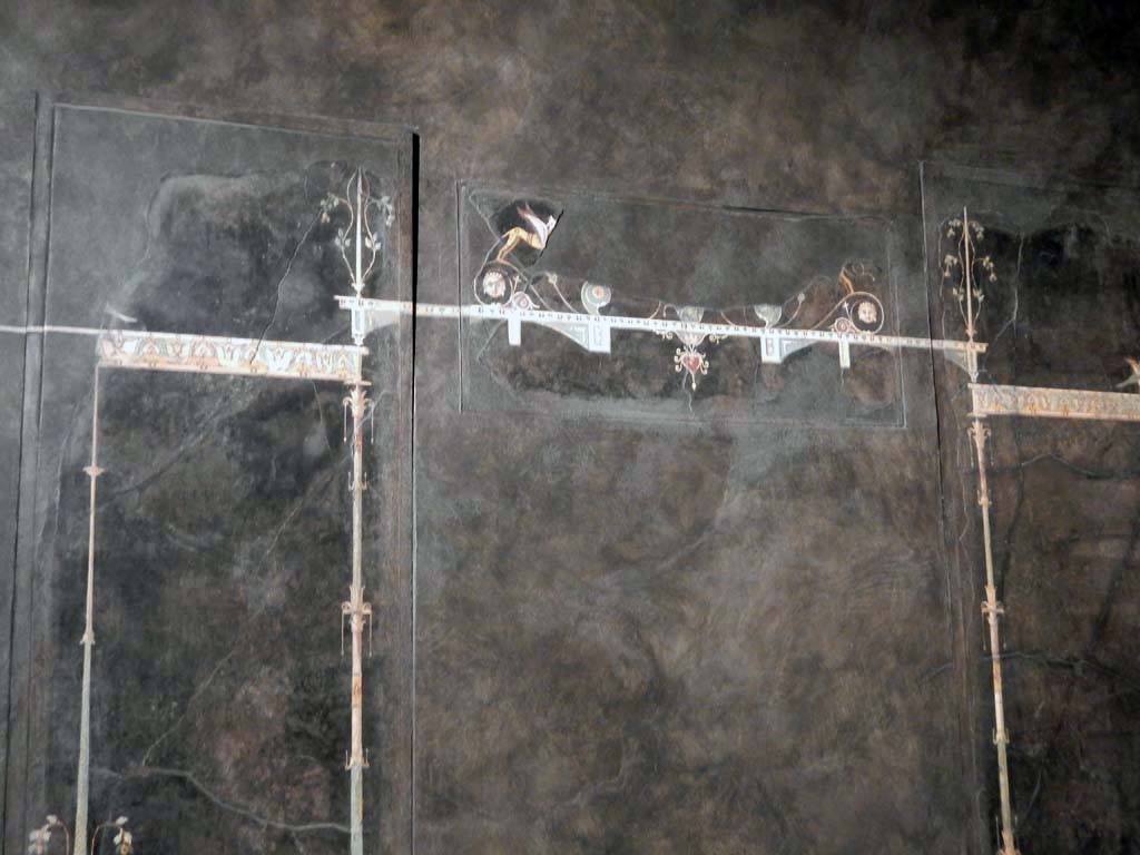 Villa of Agrippa Postumus, Boscotrecase. January 2018. Room 15, detail from central panel on west wall.
The central part features griffins with a Medusa head at each end.
Photograph taken at Metropolitan Museum New York. Photo courtesy of Buzz Ferebee.
Metropolitan Museum New York. Rogers Fund, 1920. Inventory numbers 20.192.6, 20.192.11 and 20.192.4.