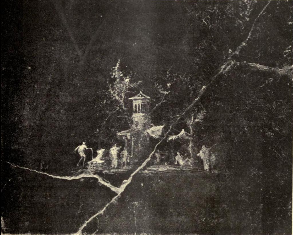 Villa of Agrippa Postumus Boscotrecase. 1922. Black room. West wall. Landscape painting from centre of wall as shown in NdS.
Now in Naples Archaeological Museum.
According to NdS this shows a rustic pavilion with a tent/curtain/awning extended between the walls of it and a tree, the scene enlivened by figures of wayfarers and animals.
See Notizie degli Scavi di Antichità, 1922, p. 469 fig. 8.
According to Anderson in 1988 this has been lost.
See Anderson, M. L., 1988. The Imperial Villa at Boscotrecase in Metropolitan Museum Bulletin, 1988, p. 40.