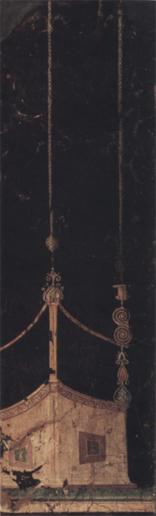 Villa of Agrippa Postumus. Boscotrecase. Room 15, black room, west wall.
Panel with slender architectural features, triangular in plan.
Now in Naples Archaeological Museum.