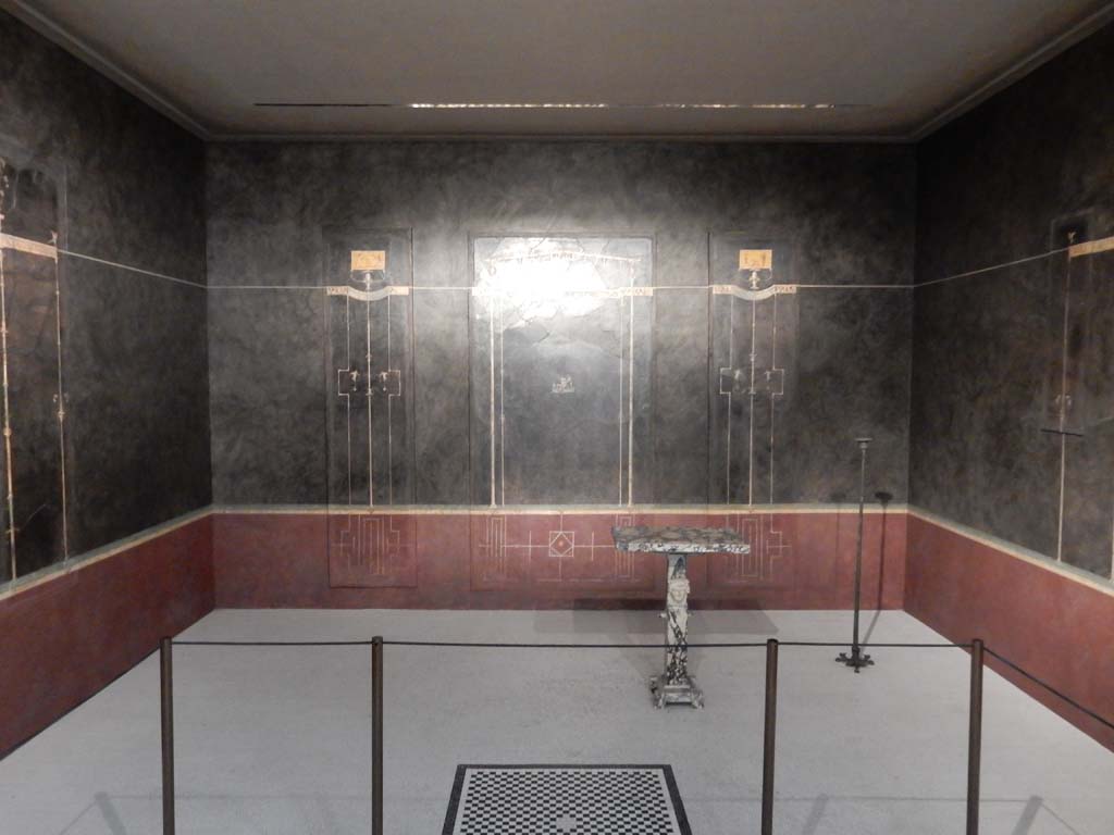 Villa of Agrippa Postumus, Boscotrecase. January 2018. Room 15, looking towards the north wall of cubiculum.
Now in the Metropolitan Museum New York. Photo courtesy of Buzz Ferebee.
The central canopy of the north wall is connected to the candelabra to its left and right by a series of horizontal lines and short friezes.
Like the socle, these continued around the entire room, linking the three walls.
The effect, in this pitch-black room, was that of a colourful but ethereal cage.
See Anderson, M. L., 1988. The Imperial Villa at Boscotrecase in Metropolitan Museum Bulletin, 1988, p. 38-9.