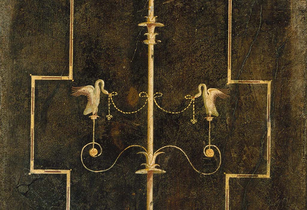 Villa of Agrippa Postumus Boscotrecase. Black room. North wall, west end side panel detail of candelabra and swans.
© Metropolitan Museum New York. Rogers Fund, 1920. Inventory number 20.192.2.
