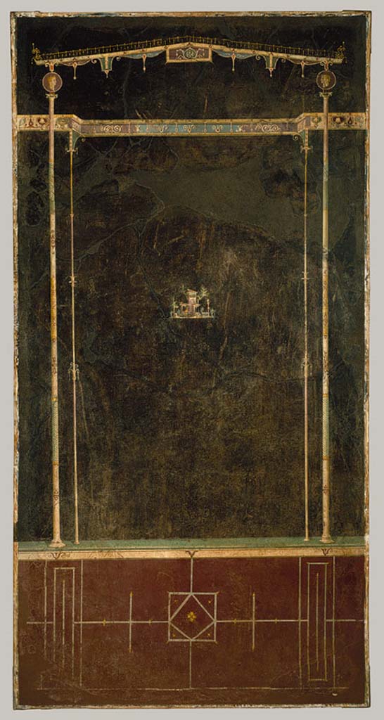 Villa of Agrippa Postumus Boscotrecase. Black room. aedicula panel in centre of north wall, with small landscape.
© Metropolitan Museum New York. Rogers Fund, 1920. Inventory number 20.192.1.