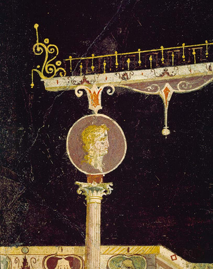 Villa of Agrippa Postumus Boscotrecase. Black room. Detail from west end of aedicula on north wall.
The portrait medallion has a purple background which was reserved for imperial subjects in this period.
© Metropolitan Museum New York. Rogers Fund, 1920. Inventory number 20.192.1.
See Anderson, M. L., 1988. The Imperial Villa at Boscotrecase in Metropolitan Museum Bulletin, 1988, p. 54 no 56.