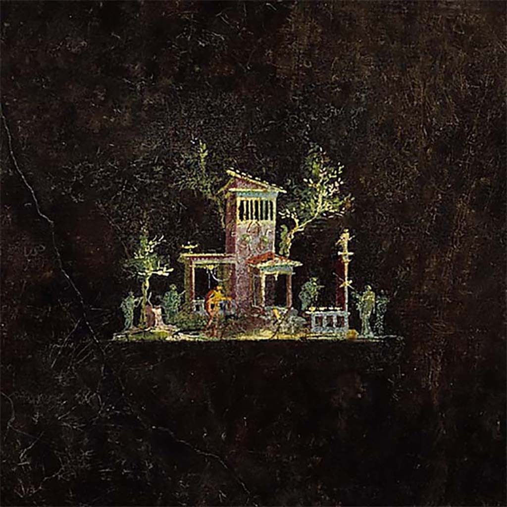 Villa of Agrippa Postumus Boscotrecase. Black room. North wall, central aedicula panel, detail of small landscape an elegant building shaded by old trees.
© Metropolitan Museum New York. Rogers Fund, 1920. Inventory number 20.192.1.
See Notizie degli Scavi di Antichità, 1922, p. 469, fig. 8.