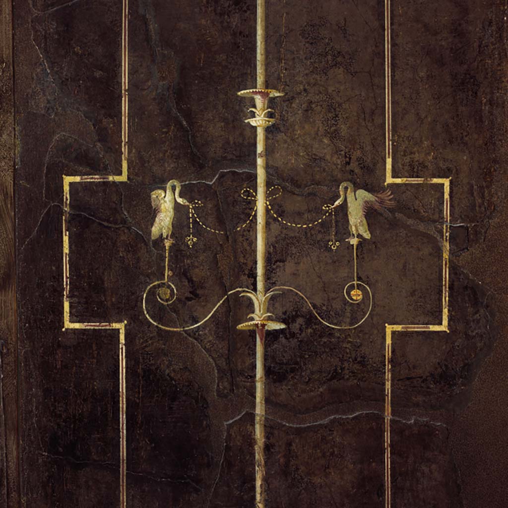 Villa of Agrippa Postumus Boscotrecase. Black room. North wall east end panel, detail of candelabra and swans.
© Metropolitan Museum New York. Rogers Fund, 1920. Inventory number 20.192.3.