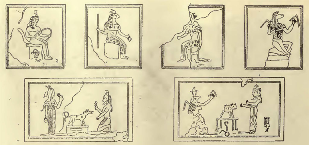 Villa of Agrippa Postumus Boscotrecase. Black room. Egyptian scenes.
According to NdS,
The decorative egizii (winged griffins, storks, ibis, colorful birds with long tails, winged sphinxes, and meandering polychrome palmette), made on the stripe of the dado/plinth as well as on the cornice of the frieze, joined to give remarkable expressions in some small paintings on a yellow background decorating the frieze, with the usual scene of worship of various deities, or with isolated deity (fig. 9).
See Notizie degli Scavi di Antichità, 1922, p. 470 fig. 9.