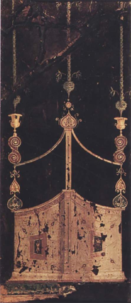 Villa of Agrippa Postumus. Boscotrecase. Room 15, black room, east wall.
Panel with slender architectural features, triangular in plan.
Now in Naples Archaeological Museum.