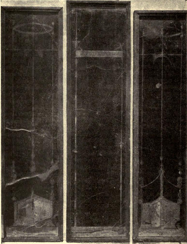 Villa of Agrippa Postumus. Boscotrecase. Room 15, black room decorations from NdS.
According to NdS,
Of the elegant and sober wall decorations, on a black background above a dark-red dado/plinth, sparing a detailed description, I reproduce fig. 7:
See Notizie degli Scavi di Antichità, 1922, p. 468 fig. 7.