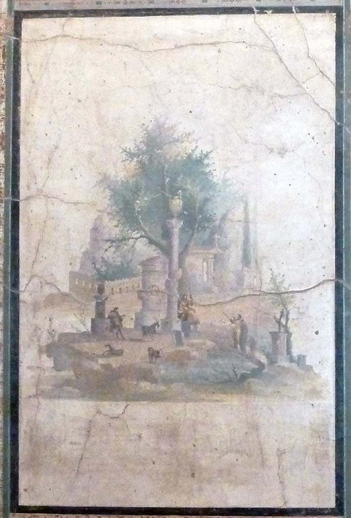 Villa Agrippa Postumus. Boscotrecase. Room 16, centre of north wall.
Painting of a sacred landscape with shepherds and goats near a circular shrine and votive column.
Now in Naples Archaeological Museum. Inventory number 147501.