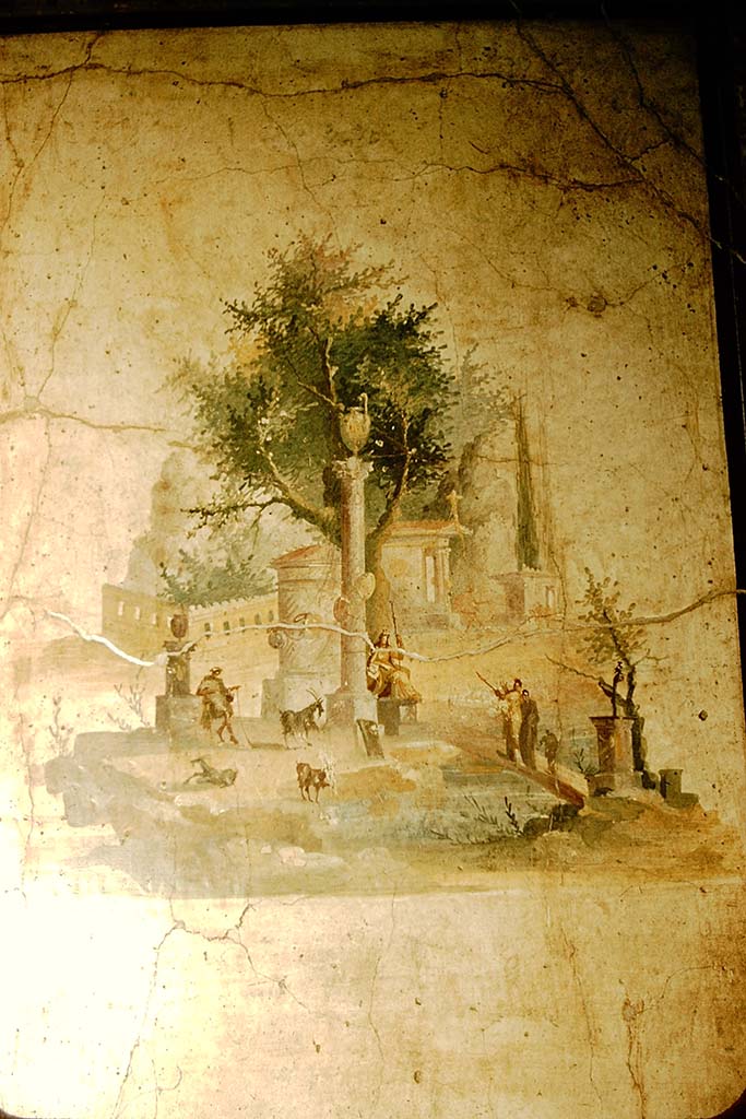 Villa of Agrippa Postumus. Boscotrecase. 1957. Room 16, detail of painting in centre of north wall.
Photo by Stanley A. Jashemski.
Source: The Wilhelmina and Stanley A. Jashemski archive in the University of Maryland Library, Special Collections (See collection page) and made available under the Creative Commons Attribution-Non Commercial License v.4. See Licence and use details.
J57f0508