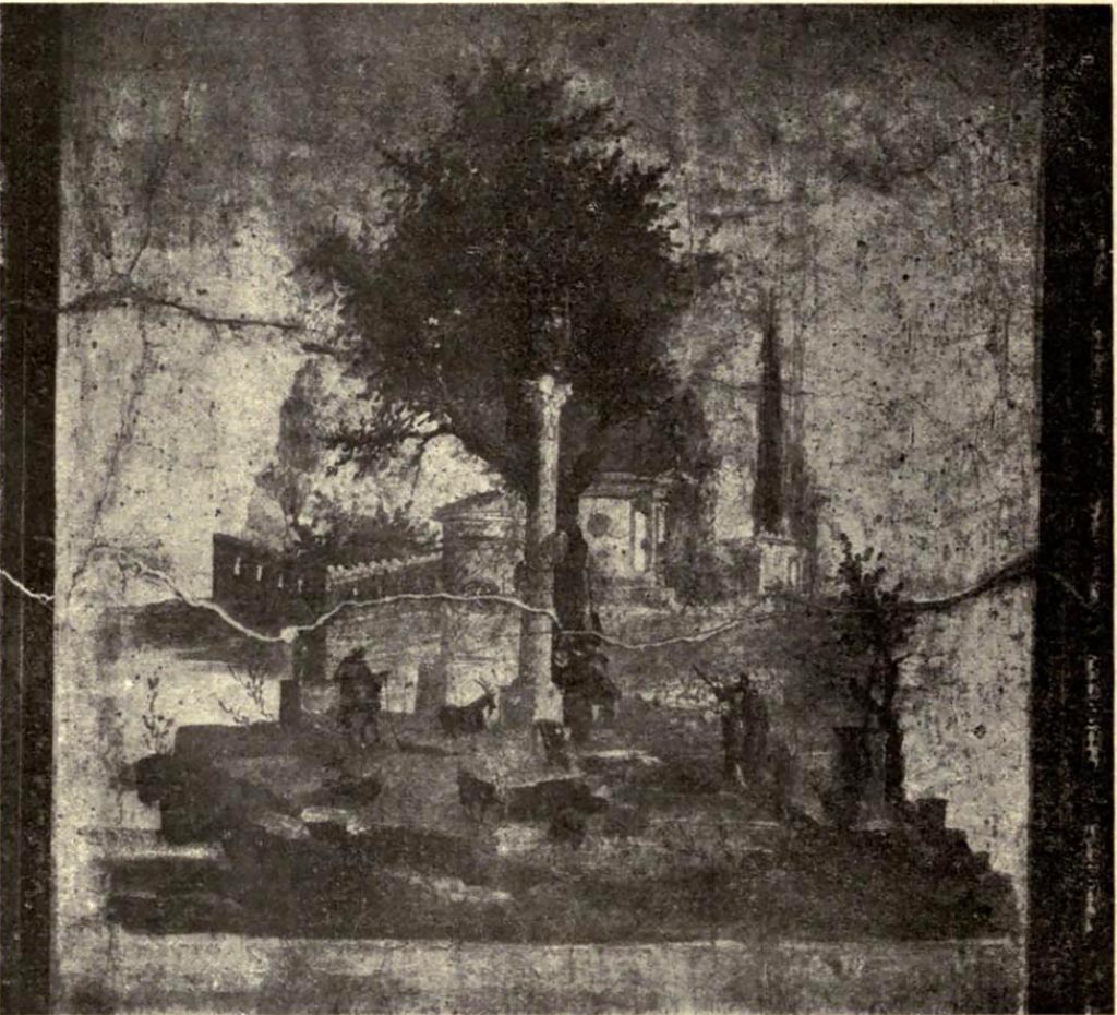 Villa of Agrippa Postumus. Boscotrecase. 1922. Room 16, landscape on north wall.
See Notizie degli Scavi di Antichità, 1922, p. 472 fig.12.