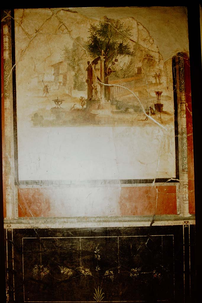 Villa Agrippa Postumus. Boscotrecase. 1957. Room 16, detail of wall painting from east wall.
Photo by Stanley A. Jashemski.
Source: The Wilhelmina and Stanley A. Jashemski archive in the University of Maryland Library, Special Collections (See collection page) and made available under the Creative Commons Attribution-Non Commercial License v.4. See Licence and use details.
J57f0512 complete wall.