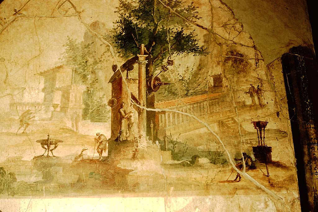 Villa Agrippa Postumus. Boscotrecase. 1957. Room 16, detail of landscape on east wall. Photo by Stanley A. Jashemski.
Source: The Wilhelmina and Stanley A. Jashemski archive in the University of Maryland Library, Special Collections (See collection page) and made available under the Creative Commons Attribution-Non Commercial License v.4. See Licence and use details.
J57f0511.