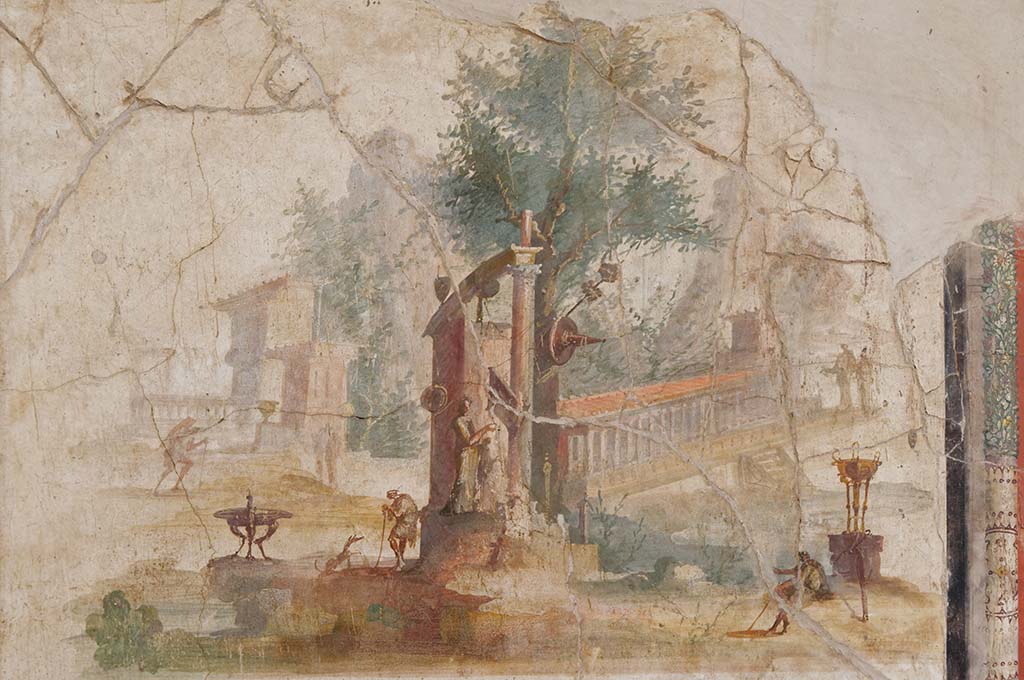 Villa Agrippa Postumus. Boscotrecase. Room 16, east wall. Landscape with travellers, tripods and buildings.
Now in Naples Archaeological Museum. Inventory number 147502.