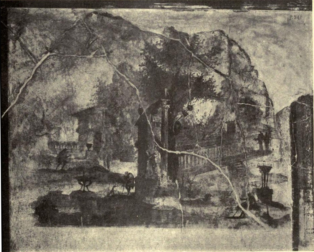 Villa Agrippa Postumus. Boscotrecase. 1922. Room 16, east wall.
This panel depicts a group of buildings with travellers walking among them, shaded by trees, within a precinct approached by steps. Inv 147502.
According to NdS,
“A few centimetres from the bottom edge of this landscape, on the white plaster, a graffito was seen, it was the name SABINVS (was he the painter of the beautiful paintings?)”.
See Notizie degli Scavi di Antichità, 1922, Page 473 fig. 13.