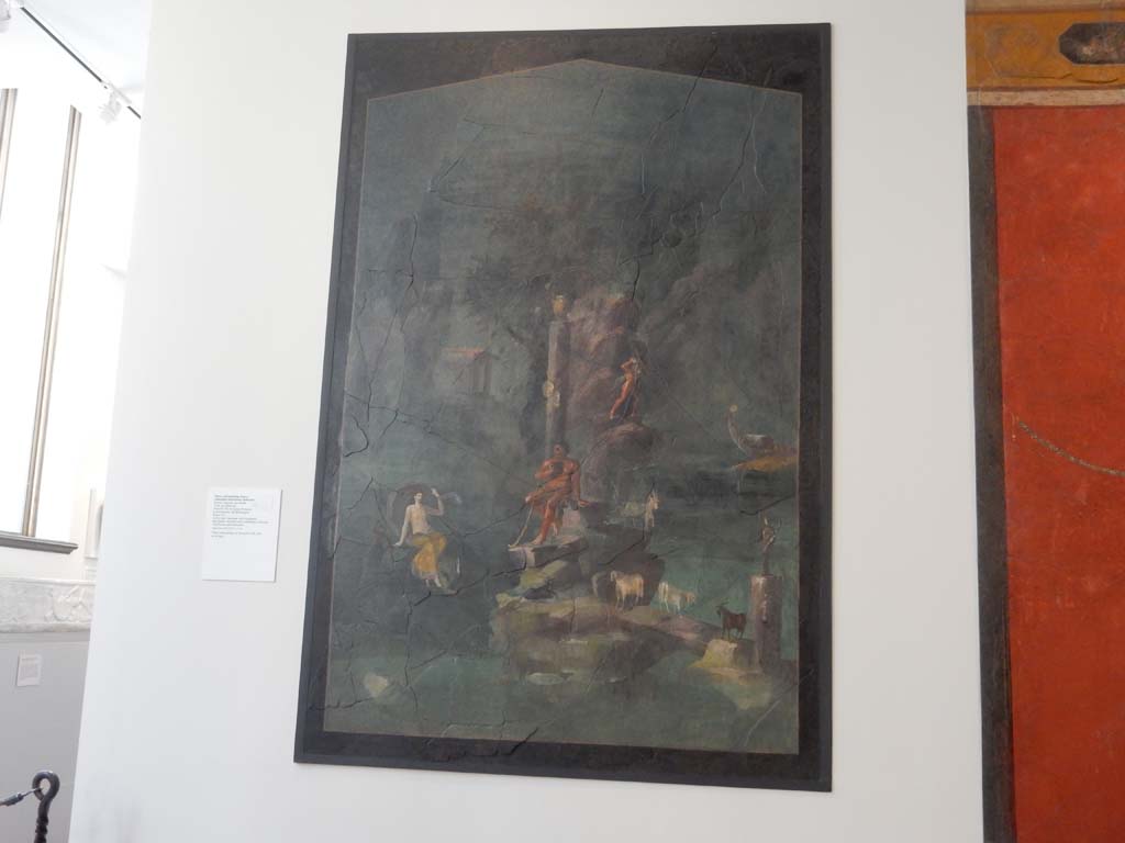 Villa of Agrippa Postumus, Boscotrecase. January 2018. Room 19, wall painting of Polythemus and Galatea set in a landscape.
Metropolitan Museum. Rogers Fund. Inventory number 20.192.17.
Photo courtesy of Buzz Ferebee.