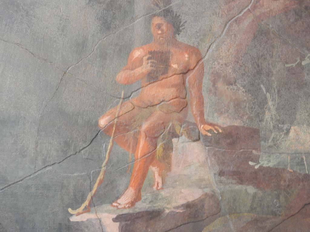 Villa of Agrippa Postumus, Boscotrecase. January 2018/ Room 19, detail of Polythemus holding pan-pipes in his right-hand.
Photograph taken at Metropolitan Museum New York. Photo courtesy of Buzz Ferebee.