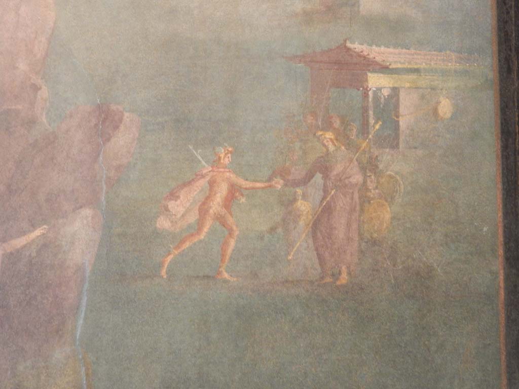 Villa of Agrippa Postumus, Boscotrecase. January 2018. Room 19, upper right part of fresco, with Perseus greeting Cepheus the father of Andromeda.
Photograph taken at Metropolitan Museum New York. Photo courtesy of Buzz Ferebee.