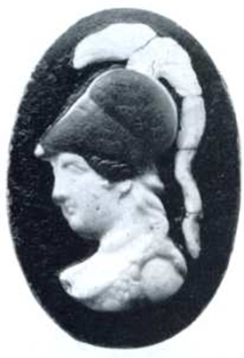 Boscotrecase, Villa of Agrippa Postumus, room “5”. Cameo bust of helmeted Minerva.
See Notizie degli Scavi di Antichità, 1922, p. 463, fig. 4.