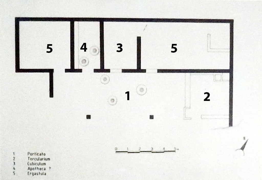 Villa Rustica di Marcus Livius Marcellus. May 2018. Plan on display in Boscoreale Antiquarium 
Photo courtesy of Buzz Ferebee.
Key:
1: Portico area
2: Torcularium or pressing room
3: Cubiculum or bedroom
4: Apotheca or storeroom
5: Ergastula or slave prison or workhouse
