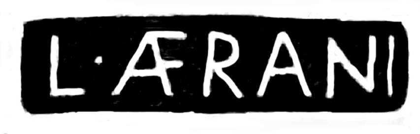 Villa Rustica di Marcus Livius Marcellus. Stamp of L. Afrani, found on a ridge tile.

On fragments of the large roof canopy tiles are found four with the stamp N. Sillius N.: CIL, X, 8042, 97, one other with [L.] Eumacherot: CIL X 8042, 48c, and another with a circular stamp M. Aeri. Min, CIL X, 8042 6 d. Above an embrice (ridge tile), finally the stamp was stamped, in emphasised letters:

L. Afrani (Fig 2-a)


Sopra frammenti delle tegole della grande tettoia se ne sono trovati quattro col bollo N. Sillius N.: CIL, X, 8042, 97, uno con l'altro [L.] Eumacherot: CIL X 8042, 48 c, ed un altro col bollo circolare M. Aeri. Min, CIL X, 8042 6d. Sopra un embrice, infine era impresso il bollo, in lettere rilevate:

L. Afrani (fig 2-a)

See Notizie degli Scavi di Antichit, 1929, p. 180, fig. 2a.
