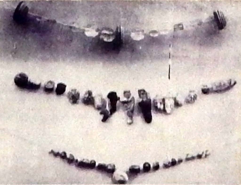 Villa Rustica di Marcus Livius Marcellus. 1928 photo of necklaces found. Photo courtesy of Buzz Ferebee.
Top: Twelve pieces of rock crystal, simply faceted.
Centre: Twelve green pieces, five pieces like bunches of grapes, two herms (Silenus? and Harpocrates) in glass paste.
Bottom: Twenty small pieces in glass paste.
See Notizie degli Scavi di Antichit, 1929, p. 183, fig. 5.
