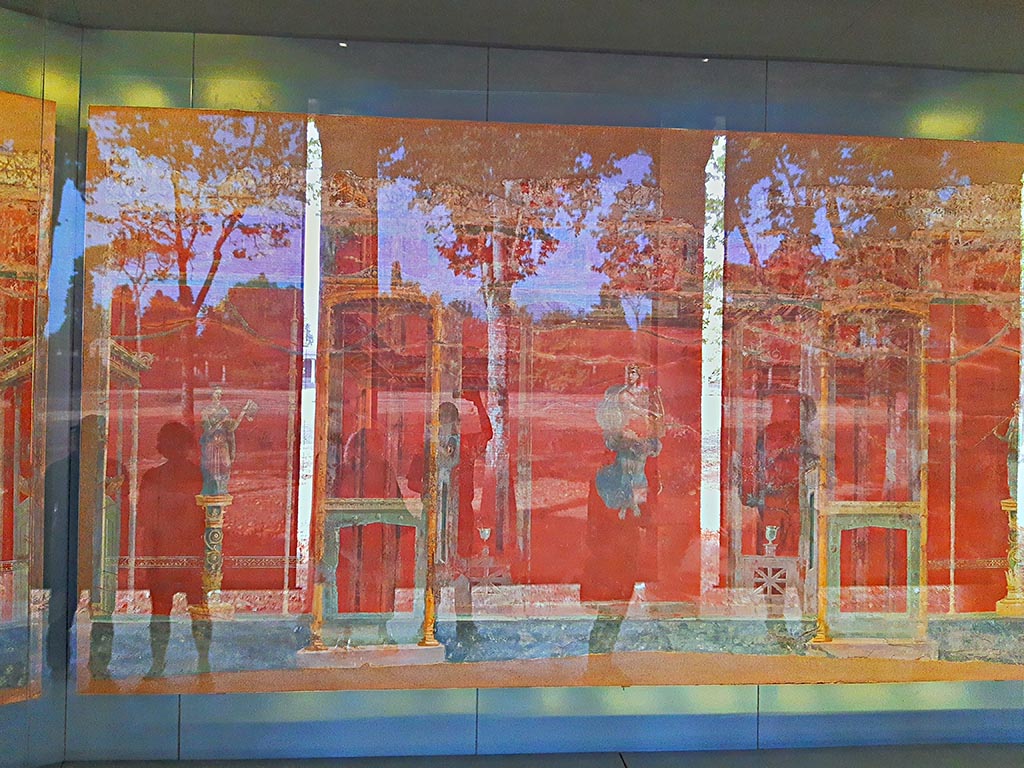 Complesso dei triclini in località Moregine a Pompei. September 2024.
Triclinium A, north wall, on display in Pompeii Palaestra.  Photo courtesy of Giuseppe Ciaramella.
