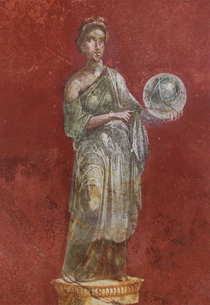 Complesso dei triclini in località Moregine a Pompei. May 2018. Triclinium B, north wall.
Painting of a goddess (Juno?) with handmaiden on display in the Pompeii Palaestra.
According to Nappo this may be Helen as part of the myth of Helen and the twin heroes but the absence of the head makes it hypothetical, justified only by the iconography that refers to this myth .
See Nappo, S. C., 2001. La decorazione parietale dell'hospitium dei Sulpici in località Murecine a Pompei MEFR Antiquité, tome 113, n°2. 2001, pp. 882.
Photo courtesy of Buzz Ferebee.

