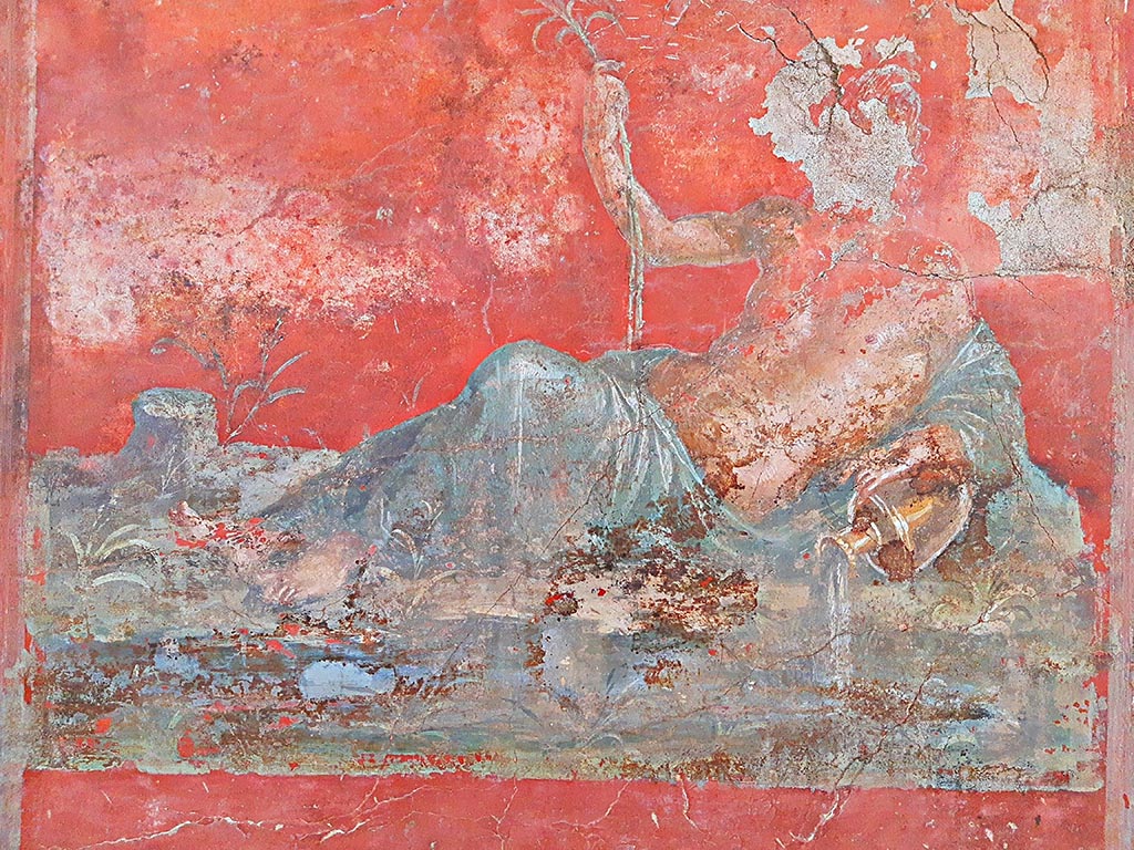 Complesso dei triclini in località Moregine a Pompei. September 2024.
Triclinium C, north wall, detail of Sarno River God.  Photo courtesy of Giuseppe Ciaramella.
