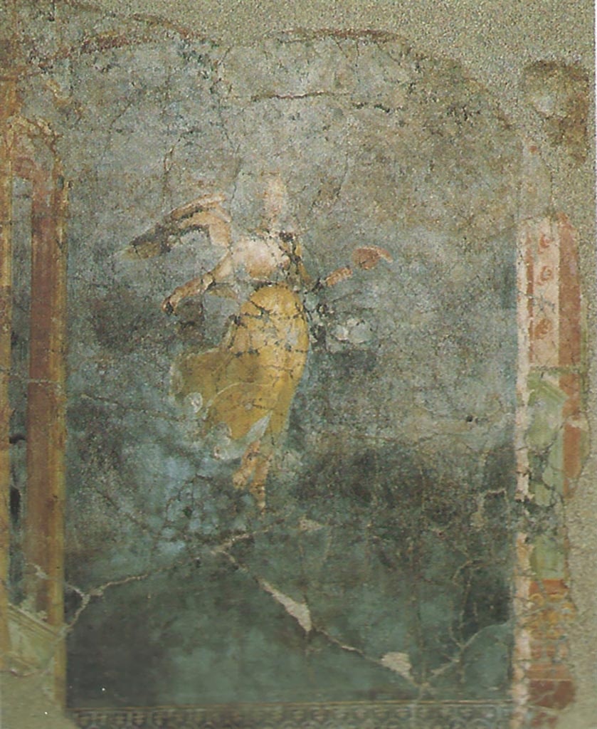 Complesso dei triclini in località Moregine a Pompei. Triclinium D. 
Vittoria alata con ventaglio purpureo. Winged Victory with a purple fan.
PAP inventory number 25938.
