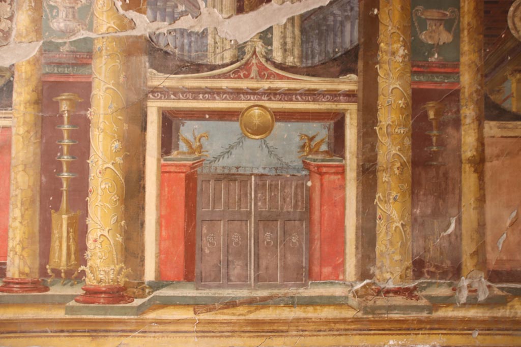 Oplontis Villa of Poppea, October 2022. Room 14, detail from central panel of west wall of triclinium. Photo courtesy of Klaus Heese.
