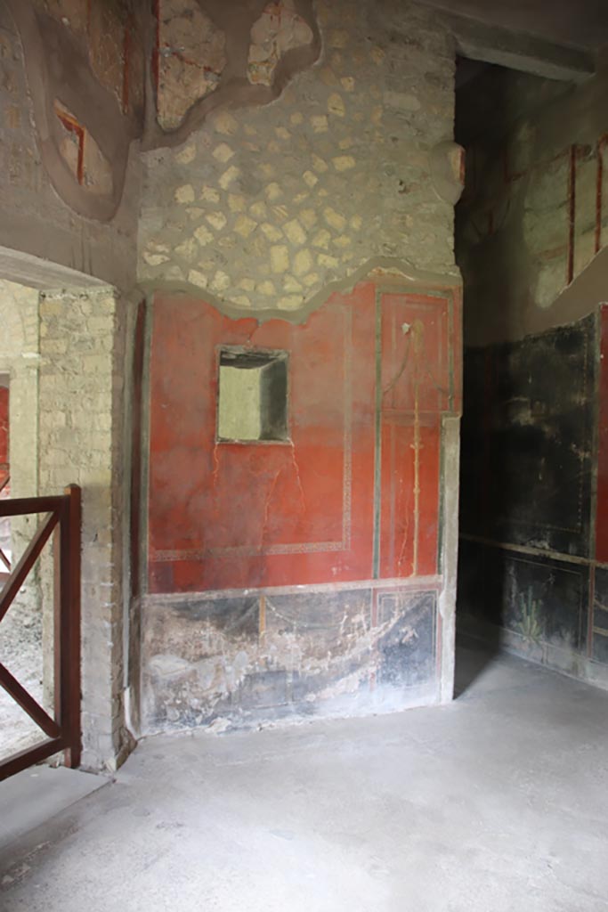 Oplontis Villa of Poppea, May 2024.  
Room 66, looking towards south wall with niche, with corridor 77 on right. Photo courtesy of Klaus Heese.
