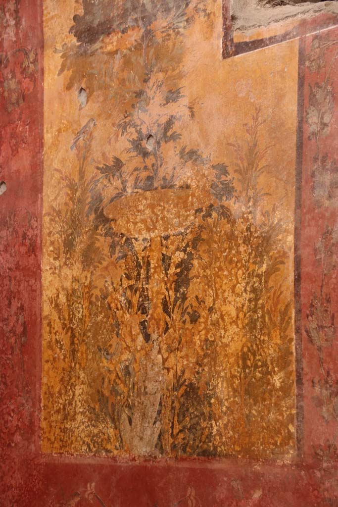 Oplontis Villa of Poppea, October 2020.  
Room 68, painted decoration on west wall at south end. Photo courtesy of Klaus Heese.
