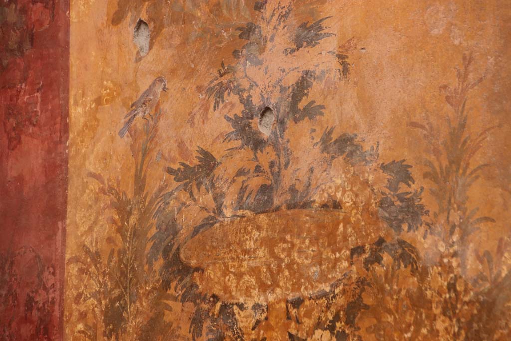 Oplontis Villa of Poppea, October 2020.  
Room 68, detail of painted decoration on west wall at south end. Photo courtesy of Klaus Heese.
