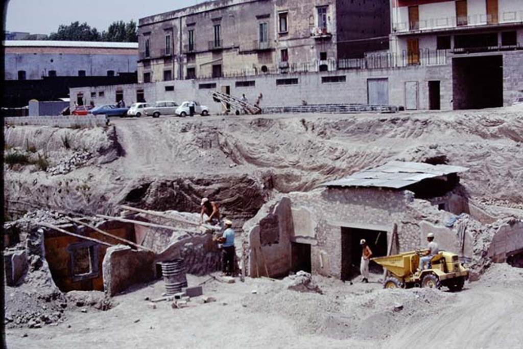 Oplontis, 1975. Looking north-west towards area being excavated, rooms 75/68 on left, and rooms 71/70/72, right of centre. Photo by Stanley A. Jashemski.   
Source: The Wilhelmina and Stanley A. Jashemski archive in the University of Maryland Library, Special Collections (See collection page) and made available under the Creative Commons Attribution-Non Commercial License v.4. See Licence and use details. J75f0156

