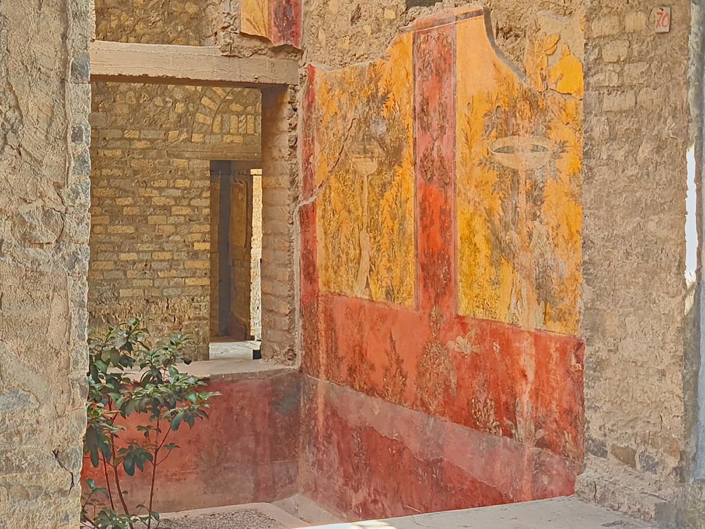 Oplontis Villa of Poppea, October 2023. 
Room 70, north-east corner and east wall from window in room 69. Photo courtesy of Giuseppe Ciaramella. 
