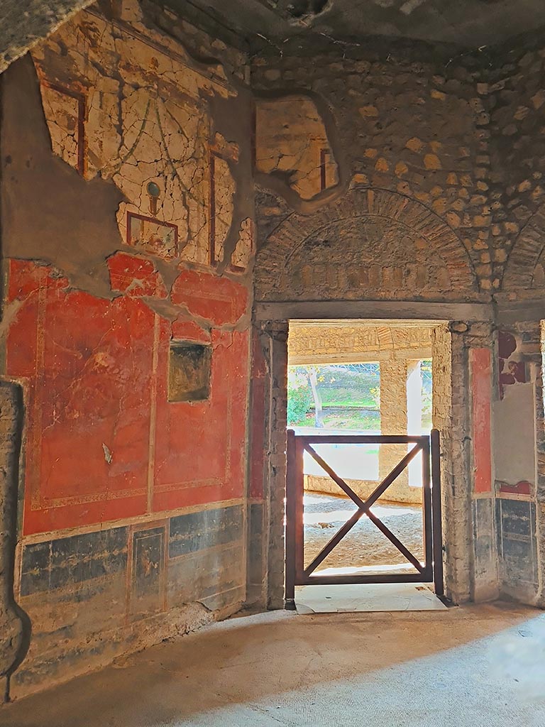 Oplontis Villa of Poppea, October 2023. 
Room 79, north wall, with doorway into room 78, in centre. Photo courtesy of Giuseppe Ciaramella.
