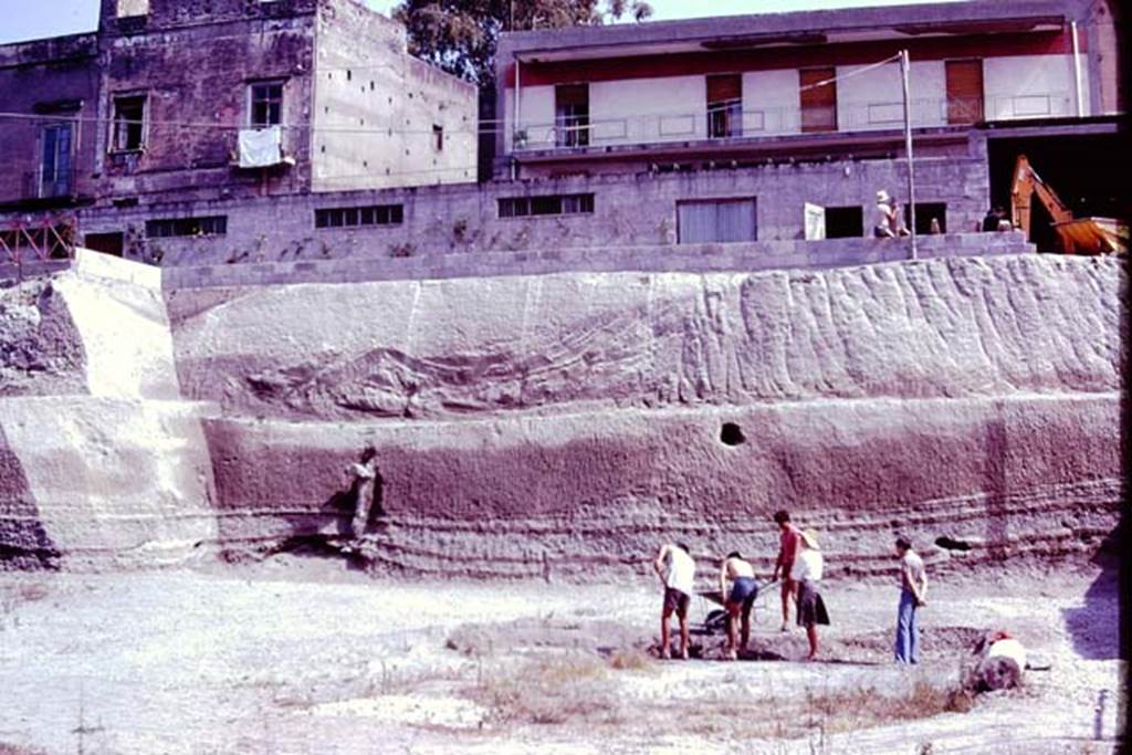 Oplontis, 1977. Area 56, digging through the remaining lapilli, looking north. Photo by Stanley A. Jashemski.   
Source: The Wilhelmina and Stanley A. Jashemski archive in the University of Maryland Library, Special Collections (See collection page) and made available under the Creative Commons Attribution-Non Commercial License v.4. See Licence and use details. J77f0107
